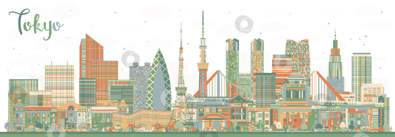 Скачать Токио, Япония, городской пейзаж с цветными зданиями. Городской пейзаж Токио с достопримечательностями. Концепция деловых поездок и туризма с современной и исторической архитектурой. фотосток Ozero