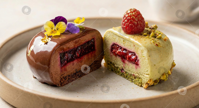 Скачать Изысканный десерт: половинки шоколадно-фисташкового муссового торта с ягодной начинкой. фотосток Ozero