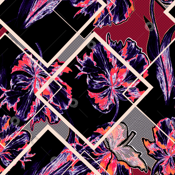 Скачать Акварельные реалистичные тюльпаны с белыми геометрическими линиями на черном фоне фотосток Ozero
