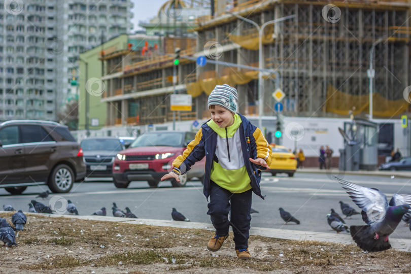 Скачать 2023-04-09. Москва, Россия. Мальчик охотится и пытается поймать уличных голубей в Москве. фотосток Ozero