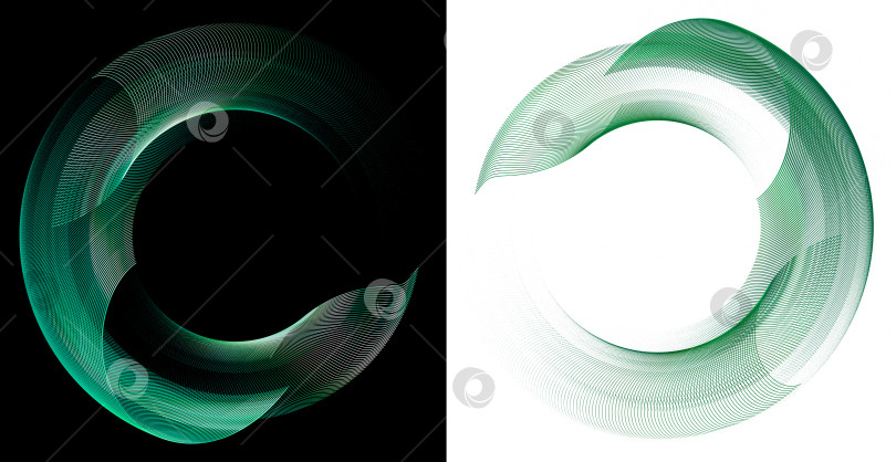 Скачать Многослойные плоскости в зеленую дугообразную полоску создают круглую трехмерную рамку на белом и черном фонах. Набор. Иконка, логотип, символ, вывеска. 3D-рендеринг. 3D-иллюстрация. фотосток Ozero