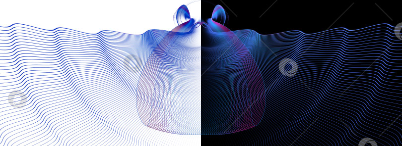 Скачать На черно-белом фоне от центральной вертикальной линии расходятся синие волнистые лучи. Два абстрактных фрактальных фона в одном. 3D-рендеринг. 3D-иллюстрация. фотосток Ozero