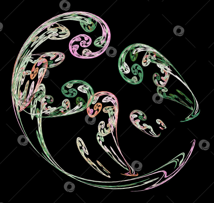 Скачать Абстрактный гладкий фрактальный узор из спиралей на черном фоне. Имитация вышивки. 3D-рендеринг. 3D-иллюстрация. фотосток Ozero