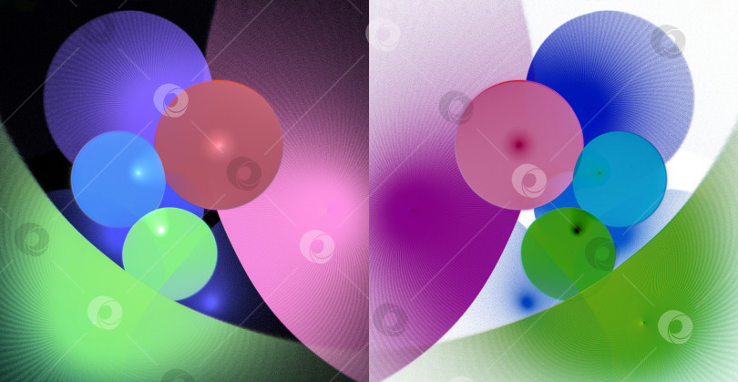 Скачать Абстрактный фрактальный фон с разноцветными кругами, расположенными симметрично на черном и белом фонах. Два абстрактных фона в одном. 3D-рендеринг. 3D-иллюстрация. фотосток Ozero