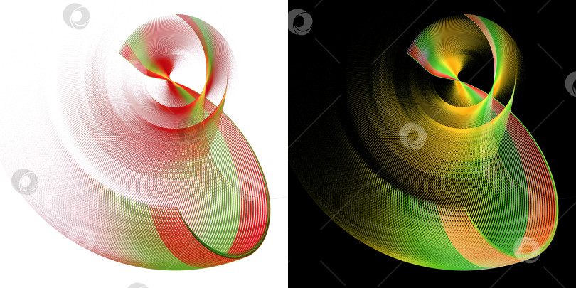 Скачать Изогнутые абстрактные лезвия из красных, зеленых и желтых полос вращаются на черном и белом фоне. Набор. Иконка, логотип, символ, вывеска. 3D-рендеринг. 3D-иллюстрация. фотосток Ozero