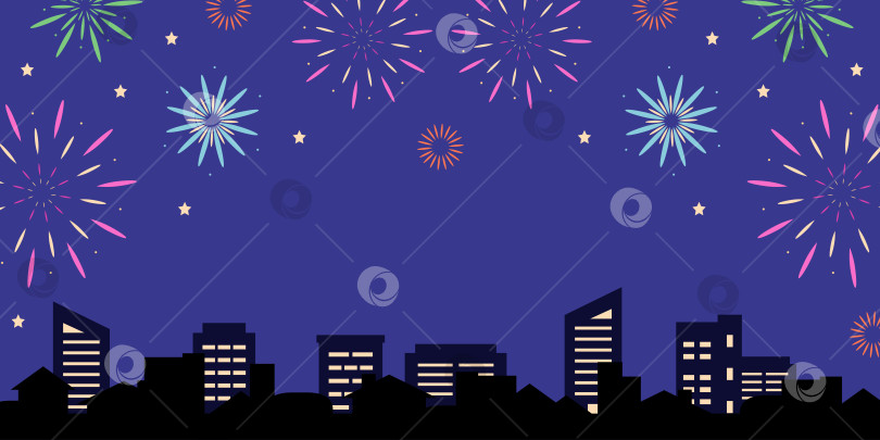 Скачать Фейерверк на фоне ночного неба и города. Векторная рисованная иллюстрация для ваших проектов. фотосток Ozero