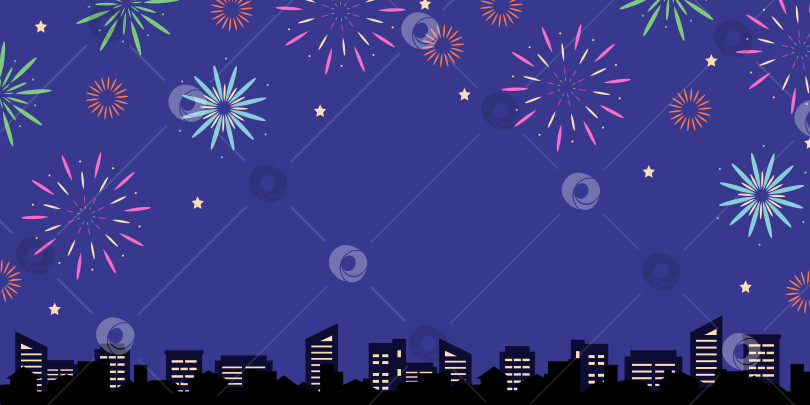 Скачать Фон с фейерверками на фоне ночного неба и города с пространством для текста. Векторная рисованная иллюстрация для ваших проектов. фотосток Ozero