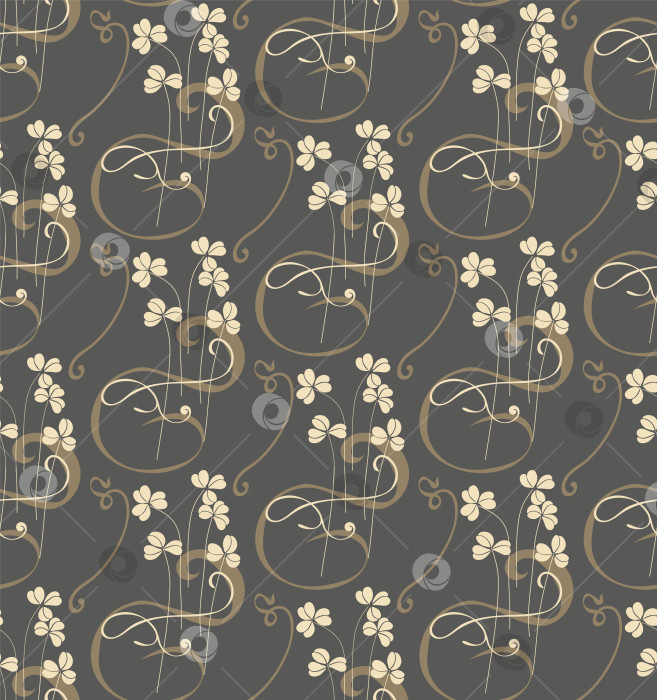 Скачать Маленькие цветочки бежевые цветы в простом букете, коричневые завитки, темно-серый фон создают бесшовный векторный узор. фотосток Ozero