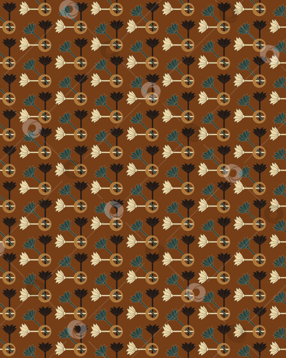 Скачать Круги и стилизованные цветы на прямых стеблях создают векторный бесшовный узор для текстиля, открыток, веб-сайтов. фотосток Ozero