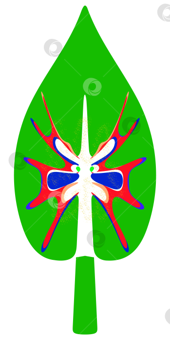 Скачать Абстрактное яркое изображение, напоминающее бабочку на большом зеленом листе, для печати на одежде, для наклеек, веб-сайтов. фотосток Ozero