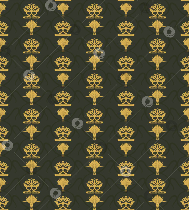 Скачать Стилизованные цветы лотоса, листья и прямоугольники на темном фоне образуют бесшовный узор в стиле Древнего Египта. фотосток Ozero