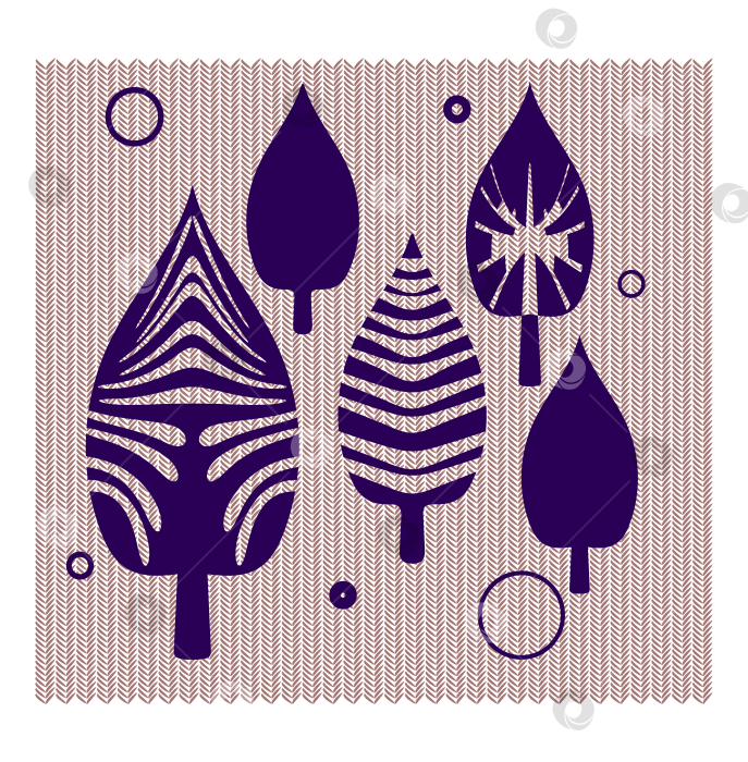 Скачать Силуэты фиолетовых деревьев с разными узорами на фоне мелких элементов, напоминающих вместе вязаное полотно. фотосток Ozero
