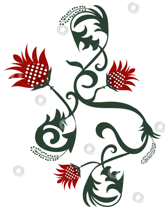 Скачать Красные цветы, зеленые соцветия и листья для печати на одежде, на кружках, в качестве наклеек, для открыток и веб-сайтов. фотосток Ozero