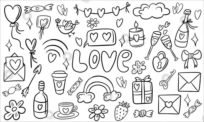 Скачать Набор векторных рисунков на День Святого Валентина. Любовь, праздник, каракули, День святого Валентина, сладости, картинки. Изолированный персонаж фотосток Ozero