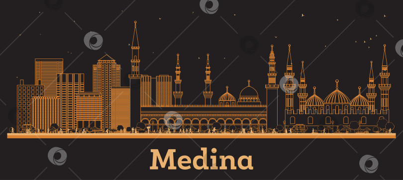 Скачать Обрисуйте городской пейзаж Медины в Саудовской Аравии с оранжевыми зданиями. Иллюстрация. Концепция деловых поездок и туризма в сочетании с современной архитектурой. Городской пейзаж Медины с достопримечательностями. фотосток Ozero