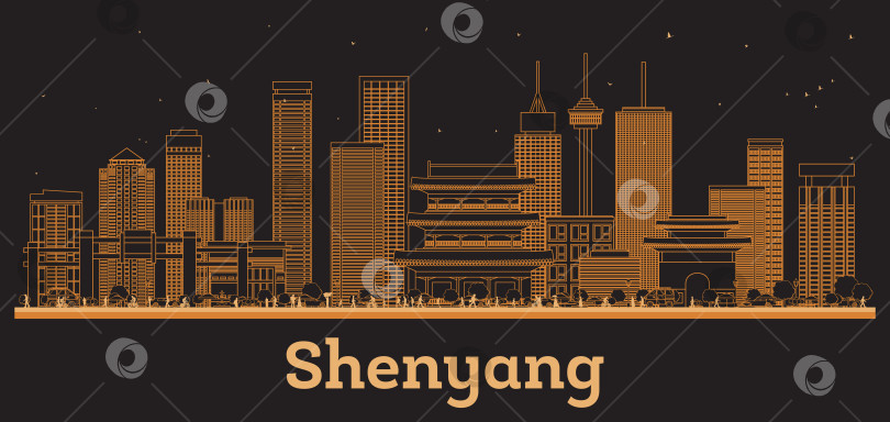 Скачать Очертите горизонт китайского города Шэньян с оранжевыми зданиями. Иллюстрация. Концепция деловых поездок и туризма в сочетании с современной архитектурой. Городской пейзаж Шэньяна с достопримечательностями. фотосток Ozero