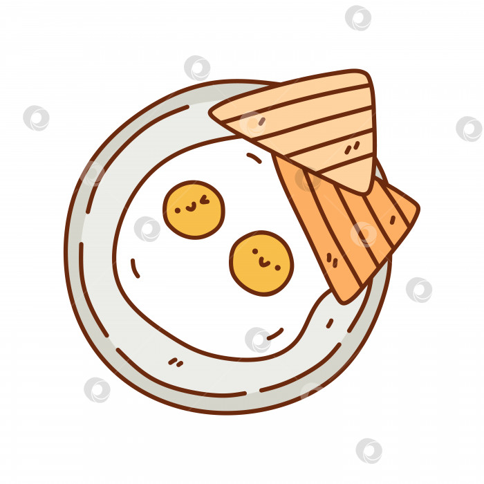 Скачать Симпатичная яичница-глазунья с тостами на тарелке, выделенная на белом фоне. Векторная рисованная иллюстрация в стиле кавайных каракулей. Идеально подходит для различных дизайнов, открыток, украшений, логотипов, меню, рецептов. фотосток Ozero