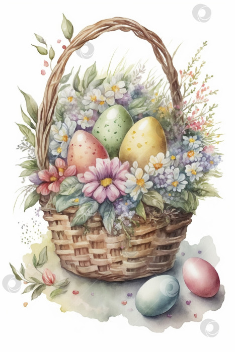 Скачать Весенняя пасхальная корзина с крашеными яйцами и распустившимися цветами фотосток Ozero
