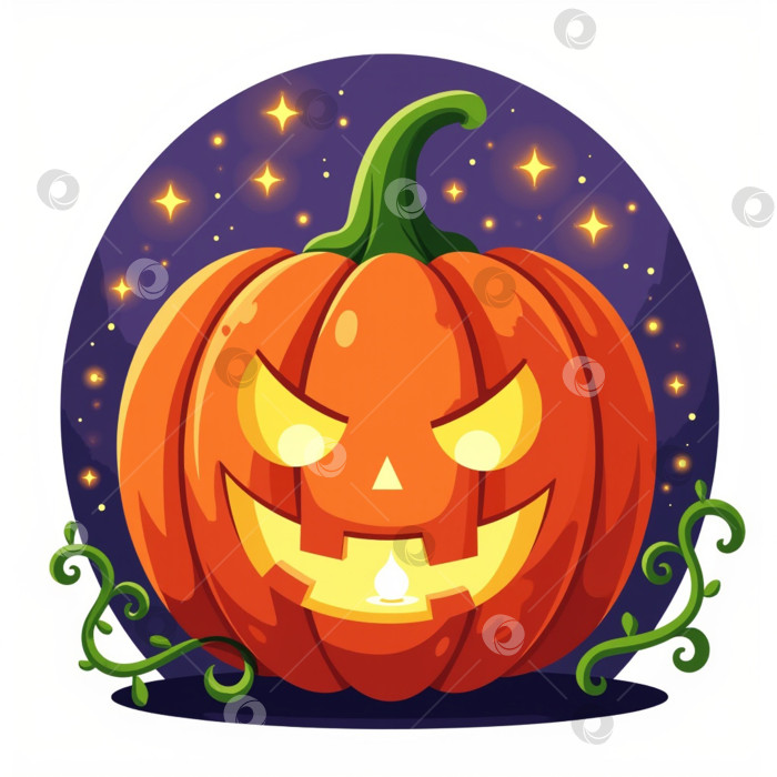 Скачать Улыбающийся Тыквенный фонарь со светящимися огнями в звездную ночь Хэллоуина фотосток Ozero