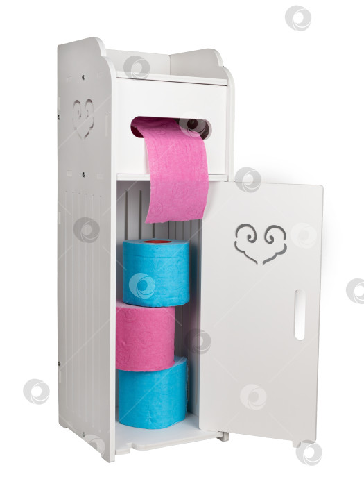 Скачать Компактный белый шкафчик-органайзер для ванной комнаты в стиле Прованс, заполненный туалетной бумагой фотосток Ozero