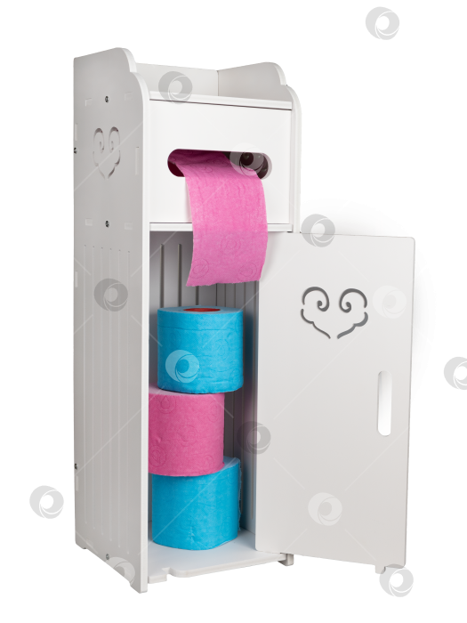Скачать Компактный белый шкафчик-органайзер для ванной комнаты в стиле Прованс, заполненный туалетной бумагой фотосток Ozero