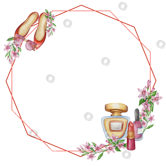 Скачать Набор женских аксессуаров, выполненных акварелью. Косметика, обувь, духи, платье, сумка, солнцезащитные очки, польский клипарт. Для наклеек для ежедневника, текстильных принтов, поделок. фотосток Ozero