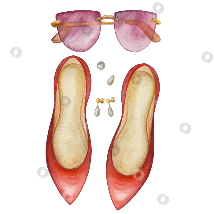 Скачать Набор женских аксессуаров, выполненных акварелью. Косметика, обувь, духи, платье, сумка, солнцезащитные очки, польский клипарт. Для наклеек для ежедневника, текстильных принтов, поделок. фотосток Ozero