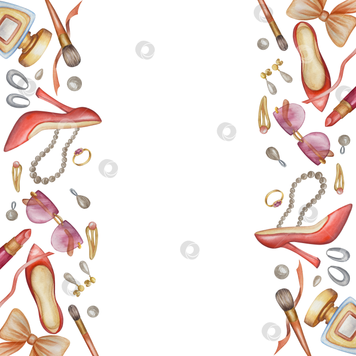 Скачать Набор женских аксессуаров, выполненных акварелью. Косметика, обувь, духи, платье, сумка, солнцезащитные очки, польский клипарт. Для наклеек для ежедневника, текстильных принтов, поделок. фотосток Ozero