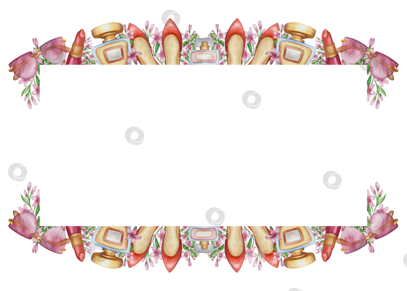 Скачать Набор женских аксессуаров, выполненных акварелью. Косметика, обувь, духи, платье, сумка, солнцезащитные очки, польский клипарт. Для наклеек для ежедневника, текстильных принтов, поделок. фотосток Ozero