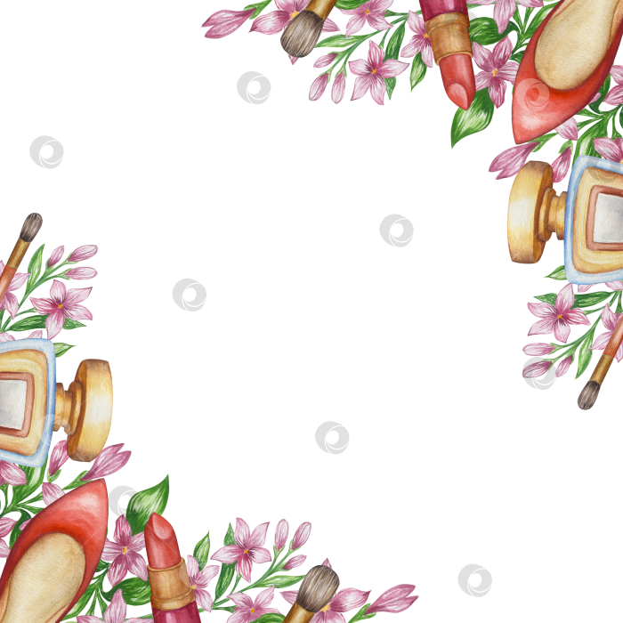 Скачать Набор женских аксессуаров, выполненных акварелью. Косметика, обувь, духи, платье, сумка, солнцезащитные очки, польский клипарт. Для наклеек для ежедневника, текстильных принтов, поделок. фотосток Ozero