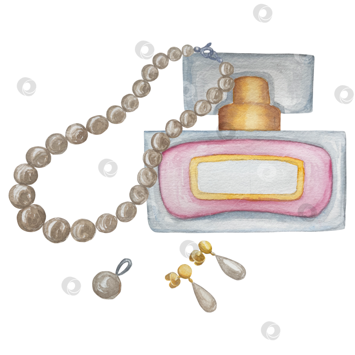 Скачать Набор женских аксессуаров, выполненных акварелью. Косметика, обувь, духи, платье, сумка, солнцезащитные очки, польский клипарт. Для наклеек для ежедневника, текстильных принтов, поделок. фотосток Ozero