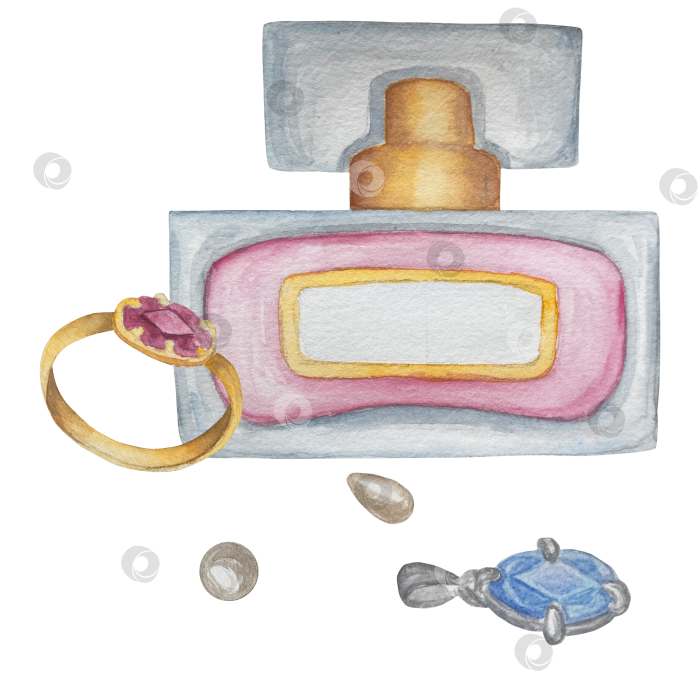 Скачать Набор женских аксессуаров, выполненных акварелью. Косметика, обувь, духи, платье, сумка, солнцезащитные очки, польский клипарт. Для наклеек для ежедневника, текстильных принтов, поделок. фотосток Ozero