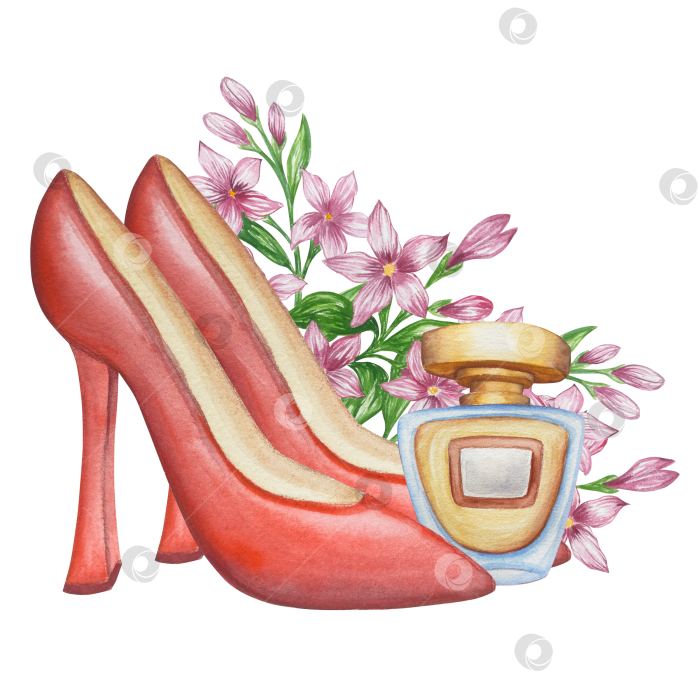 Скачать Набор женских аксессуаров, выполненных акварелью. Косметика, обувь, духи, платье, сумка, солнцезащитные очки, польский клипарт. Для наклеек для ежедневника, текстильных принтов, поделок. фотосток Ozero