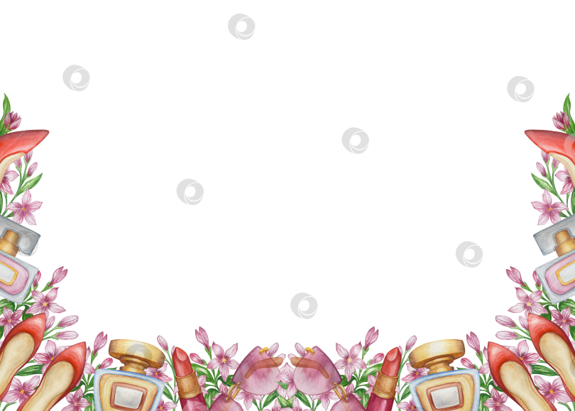 Скачать Набор женских аксессуаров, выполненных акварелью. Косметика, обувь, духи, платье, сумка, солнцезащитные очки, польский клипарт. Для наклеек для ежедневника, текстильных принтов, поделок. фотосток Ozero