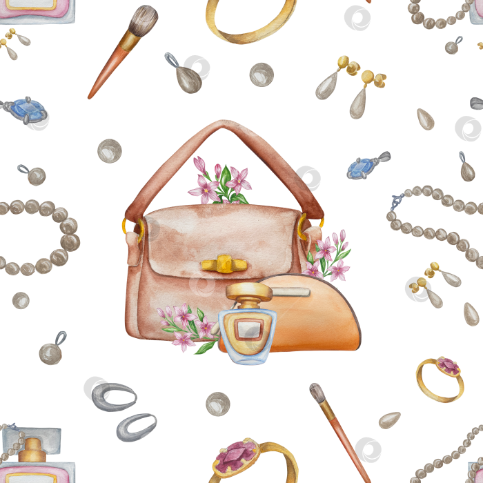 Скачать Набор женских аксессуаров, выполненных акварелью. Косметика, обувь, духи, платье, сумка, солнцезащитные очки, польский клипарт. Для наклеек для ежедневника, текстильных принтов, поделок. фотосток Ozero