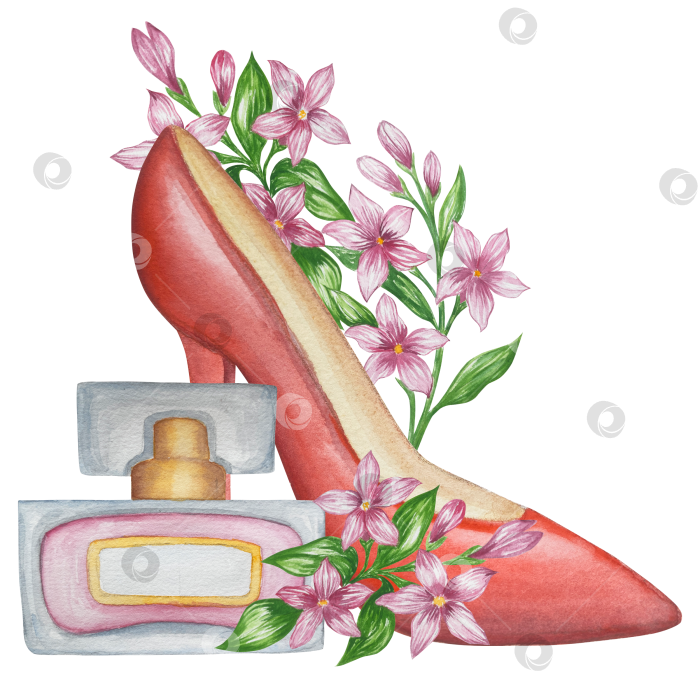 Скачать Набор женских аксессуаров, выполненных акварелью. Косметика, обувь, духи, платье, сумка, солнцезащитные очки, польский клипарт. Для наклеек для ежедневника, текстильных принтов, поделок. фотосток Ozero