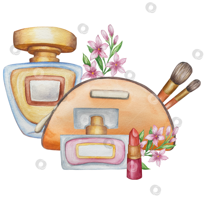 Скачать Набор женских аксессуаров, выполненных акварелью. Косметика, обувь, духи, платье, сумка, солнцезащитные очки, польский клипарт. Для наклеек для ежедневника, текстильных принтов, поделок. фотосток Ozero