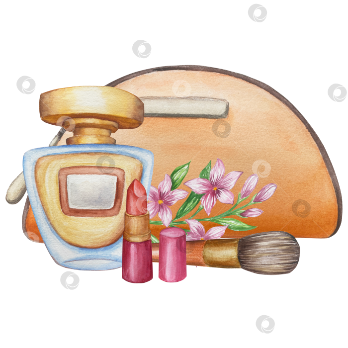 Скачать Набор женских аксессуаров, выполненных акварелью. Косметика, обувь, духи, платье, сумка, солнцезащитные очки, польский клипарт. Для наклеек для ежедневника, текстильных принтов, поделок. фотосток Ozero