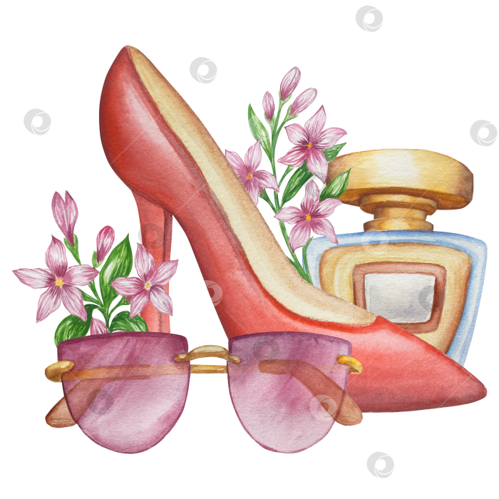 Скачать Набор женских аксессуаров, выполненных акварелью. Косметика, обувь, духи, платье, сумка, солнцезащитные очки, польский клипарт. Для наклеек для ежедневника, текстильных принтов, поделок. фотосток Ozero