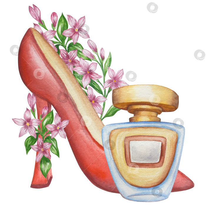 Скачать Набор женских аксессуаров, выполненных акварелью. Косметика, обувь, духи, платье, сумка, солнцезащитные очки, польский клипарт. Для наклеек для ежедневника, текстильных принтов, поделок. фотосток Ozero