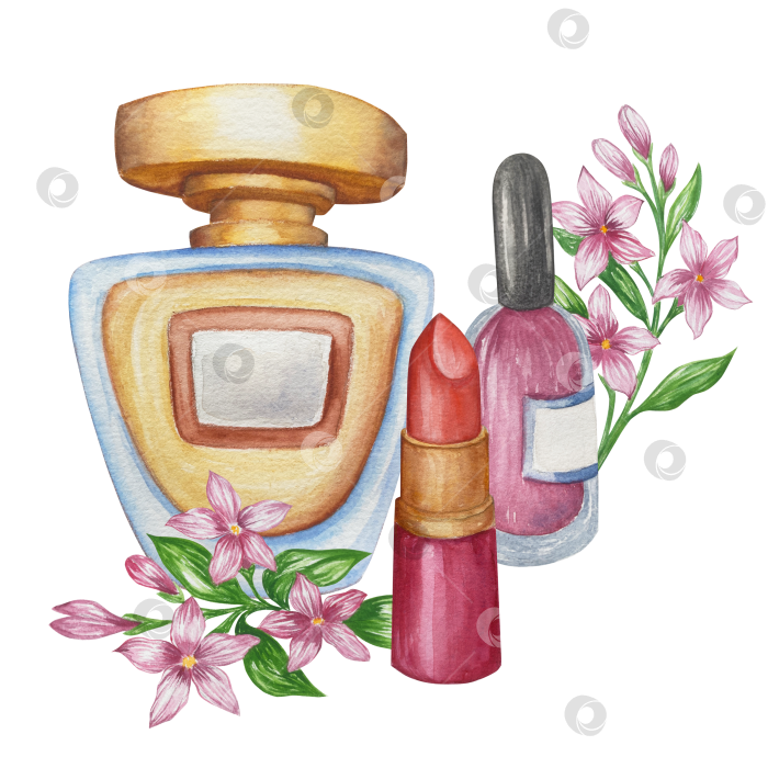 Скачать Набор женских аксессуаров, выполненных акварелью. Косметика, обувь, духи, платье, сумка, солнцезащитные очки, польский клипарт. Для наклеек для ежедневника, текстильных принтов, поделок. фотосток Ozero