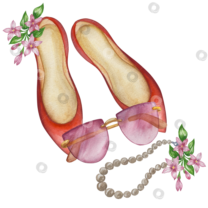 Скачать Набор женских аксессуаров, выполненных акварелью. Косметика, обувь, духи, платье, сумка, солнцезащитные очки, польский клипарт. Для наклеек для ежедневника, текстильных принтов, поделок. фотосток Ozero