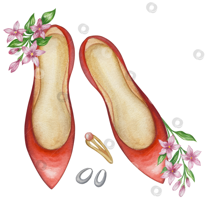 Скачать Набор женских аксессуаров, выполненных акварелью. Косметика, обувь, духи, платье, сумка, солнцезащитные очки, польский клипарт. Для наклеек для ежедневника, текстильных принтов, поделок. фотосток Ozero