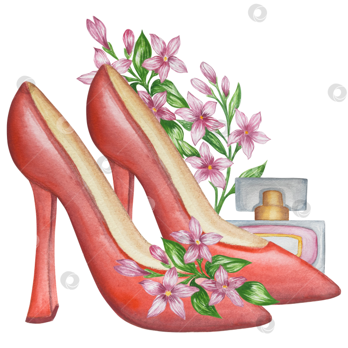 Скачать Набор женских аксессуаров, выполненных акварелью. Косметика, обувь, духи, платье, сумка, солнцезащитные очки, польский клипарт. Для наклеек для ежедневника, текстильных принтов, поделок. фотосток Ozero