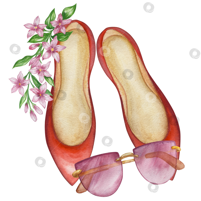 Скачать Набор женских аксессуаров, выполненных акварелью. Косметика, обувь, духи, платье, сумка, солнцезащитные очки, польский клипарт. Для наклеек для ежедневника, текстильных принтов, поделок. фотосток Ozero