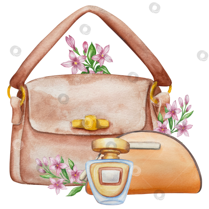 Скачать Набор женских аксессуаров, выполненных акварелью. Косметика, обувь, духи, платье, сумка, солнцезащитные очки, польский клипарт. Для наклеек для ежедневника, текстильных принтов, поделок. фотосток Ozero