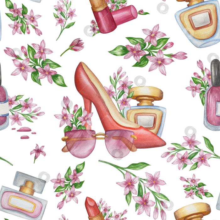 Скачать Набор женских аксессуаров, выполненных акварелью. Косметика, обувь, духи, платье, сумка, солнцезащитные очки, польский клипарт. Для наклеек для ежедневника, текстильных принтов, поделок. фотосток Ozero