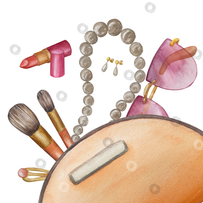 Скачать Набор женских аксессуаров, выполненных акварелью. Косметика, обувь, духи, платье, сумка, солнцезащитные очки, польский клипарт. Для наклеек для ежедневника, текстильных принтов, поделок. фотосток Ozero