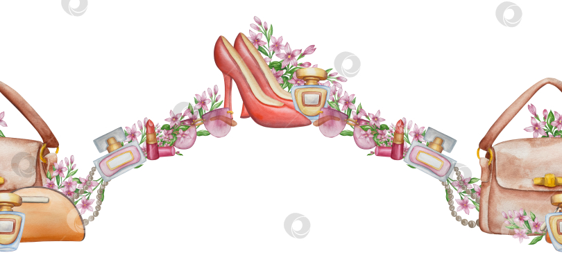 Скачать Набор женских аксессуаров, выполненных акварелью. Косметика, обувь, духи, платье, сумка, солнцезащитные очки, польский клипарт. Для наклеек для ежедневника, текстильных принтов, поделок. фотосток Ozero