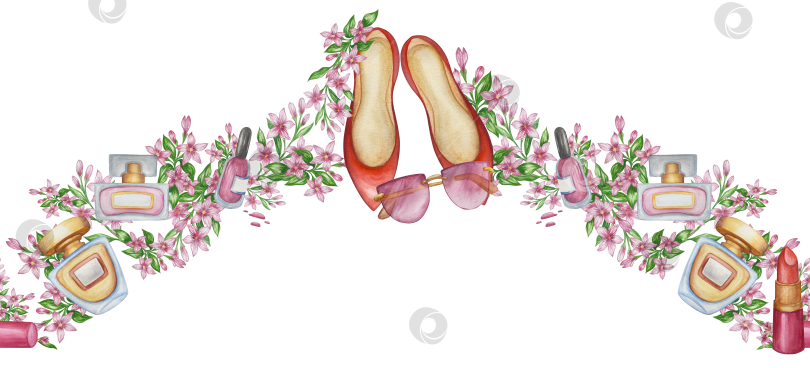 Скачать Набор женских аксессуаров, выполненных акварелью. Косметика, обувь, духи, платье, сумка, солнцезащитные очки, польский клипарт. Для наклеек для ежедневника, текстильных принтов, поделок. фотосток Ozero